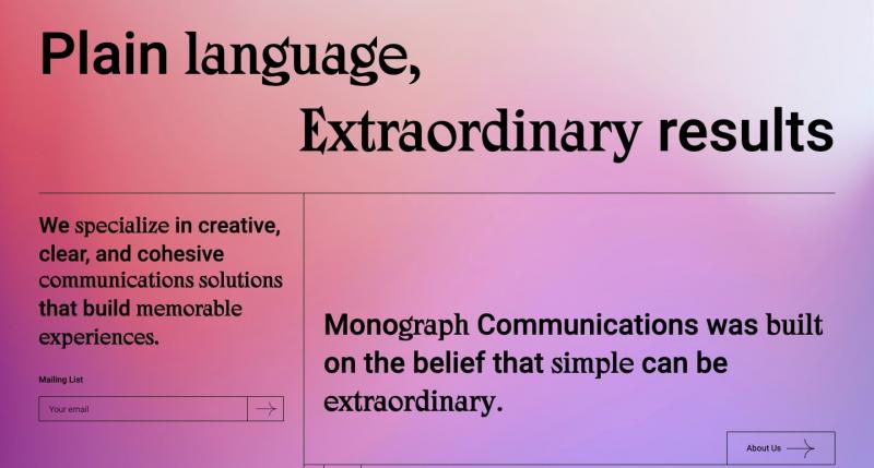 Trang web Monograph Communication kết hợp kiểu chữ cách điệu với phông nền mờ toàn trang.
